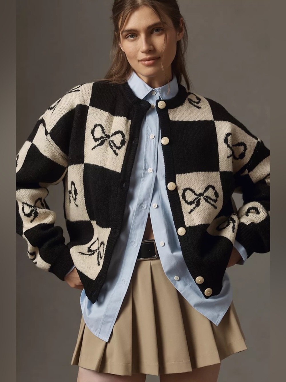 Lisa Says Gah Bow Check Lauda Cardi Sweater NWT